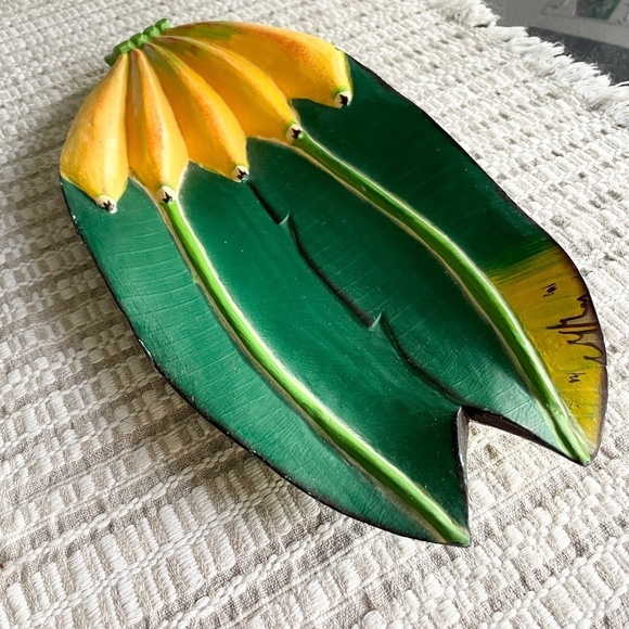 Vintage Other - Vintage Banana Leaf Wood Serve plate Tiki Monkey Colorful Green Yellow Kitsch